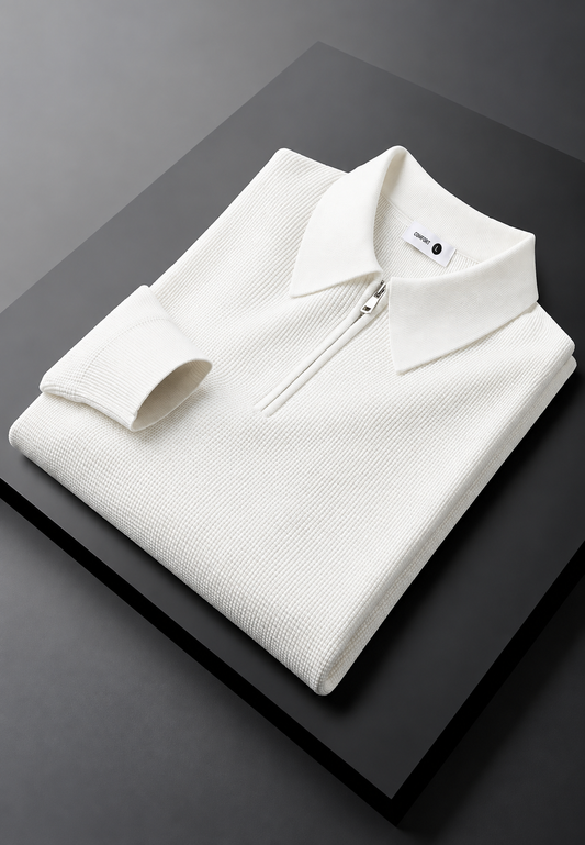 Polo homme en maille texturée, demi-fermeture éclair, manches longues - Lior
