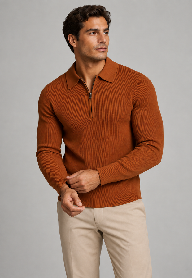 Polo homme en maille texturée, demi-fermeture éclair, manches longues - Lior