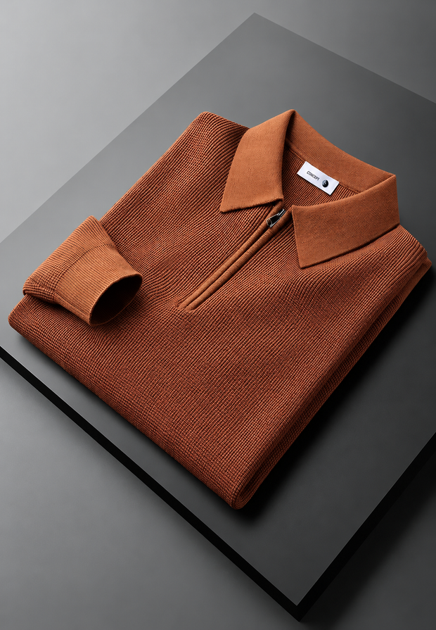 Polo homme en maille texturée, demi-fermeture éclair, manches longues - Lior