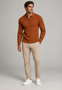 Polo homme en maille texturée, demi-fermeture éclair, manches longues - Lior