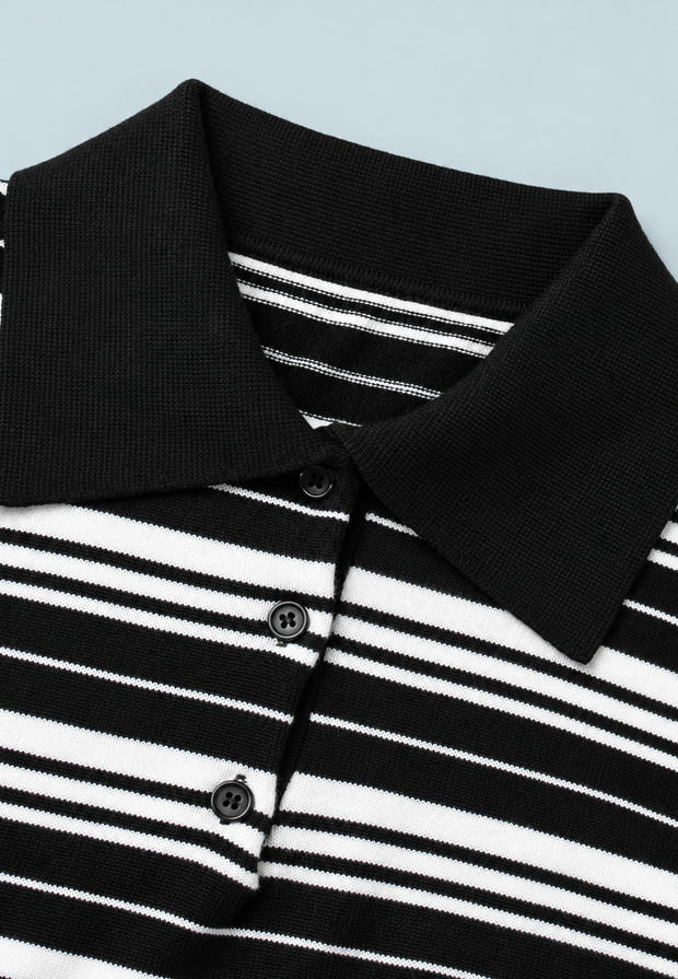 Polo femme en maille à rayures horizontales col chemise manches longues - Adelma