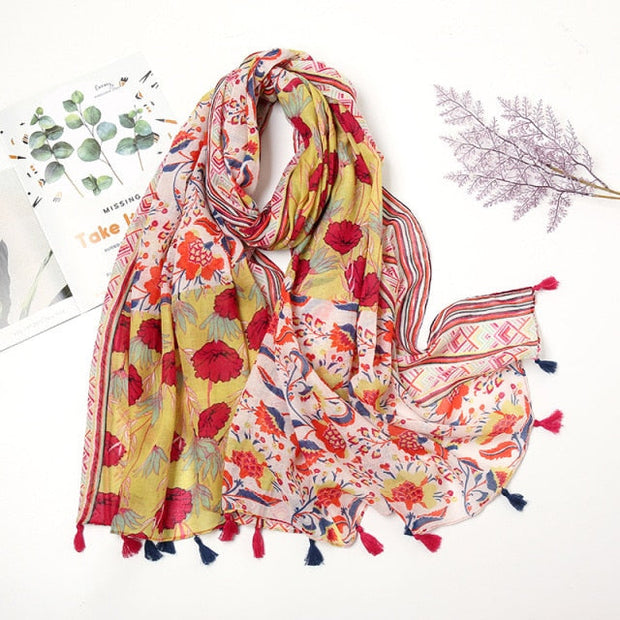 Écharpe Pashmina à pompons floraux