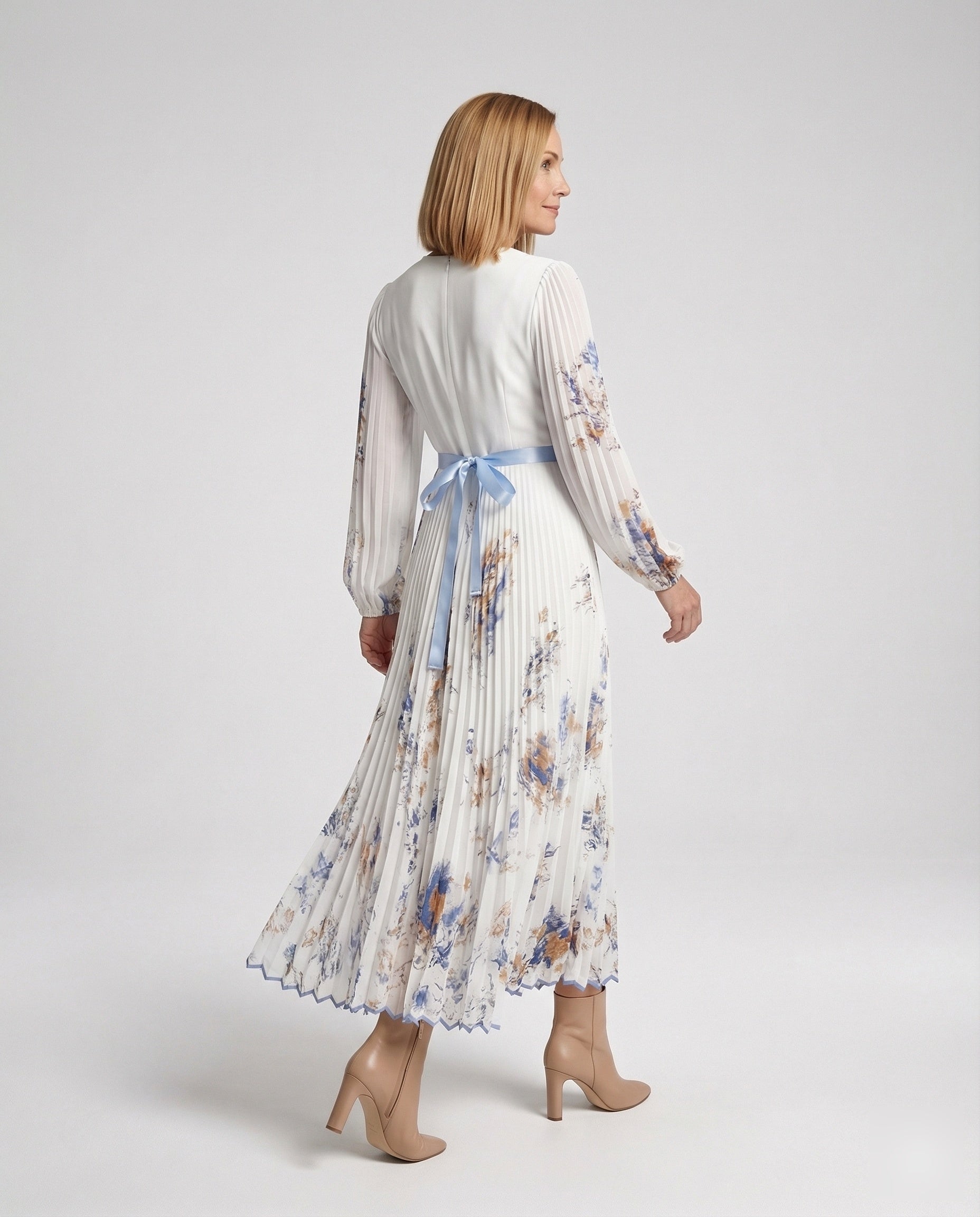 Plissiertes Maxikleid mit langen Ärmeln und überkreuztem Ausschnitt für Damen - Alwine