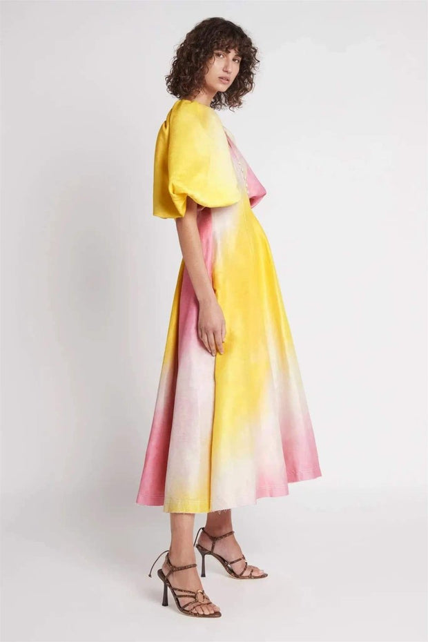 Salma - Robe midi à manches bouffantes et col en V