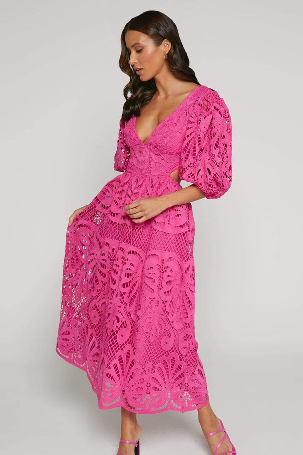 Sandra - Robe midi avec dentelle brodée et découpes