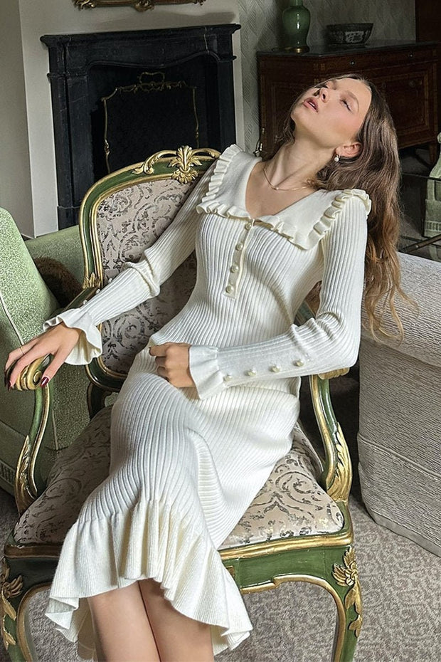 Cecilia Robe en maille midi à volants et perles