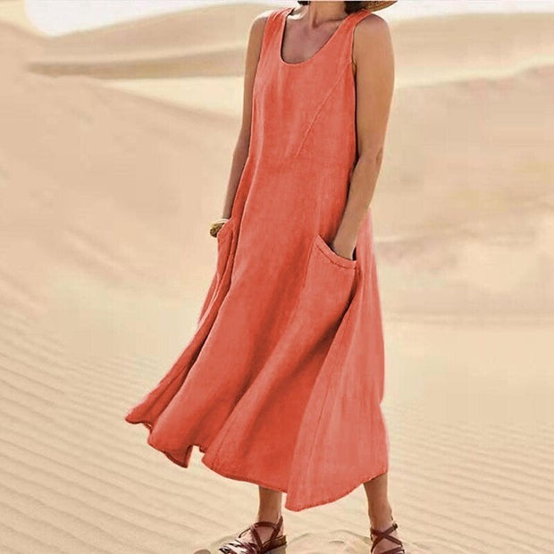 Isabel | Women's sleeveless cotton and linen dress with pocket