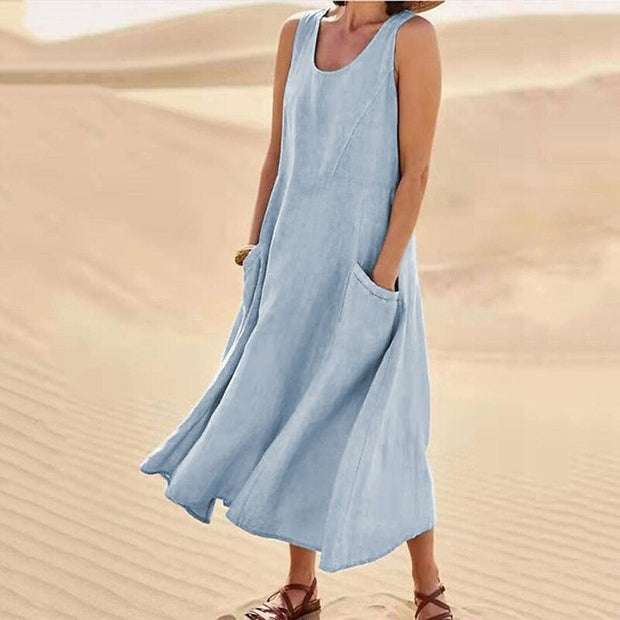 Isabel | Women's sleeveless cotton and linen dress with pocket