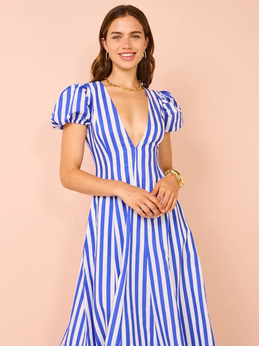 Anne - Robe femme à la mode avec manches bouffantes et rayures