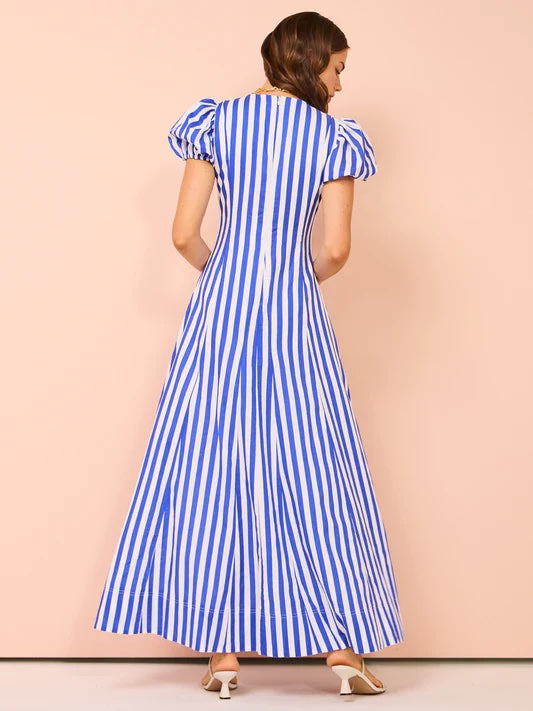 Anne - Robe femme à la mode avec manches bouffantes et rayures