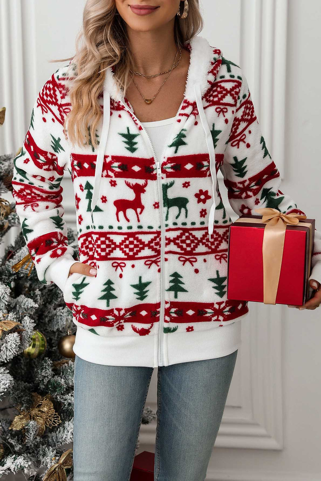 Damen-Kapuzenpullover mit Reißverschluss und Weihnachtsmotiv – Nolwenn