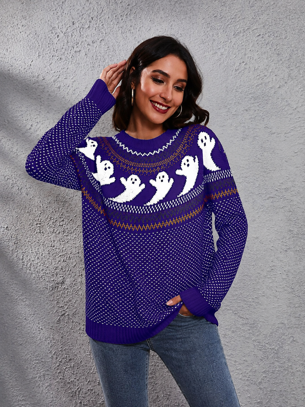 Strickpullover mit Rundhalsausschnitt und Retro-Motiv im literarischen Stil – Nerissa