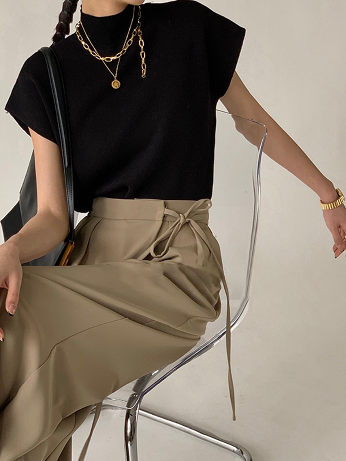 Strickoberteil mit hohem Kragen und kurzen Ärmeln für Damen – Elin