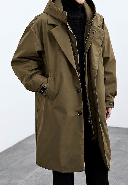 Trench long pour homme, à capuche, fermeture éclair et poignets ajustables - Corvin