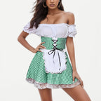 Dirndlkleid Damen Schulterfrei Karomuster Spitze - Rosel