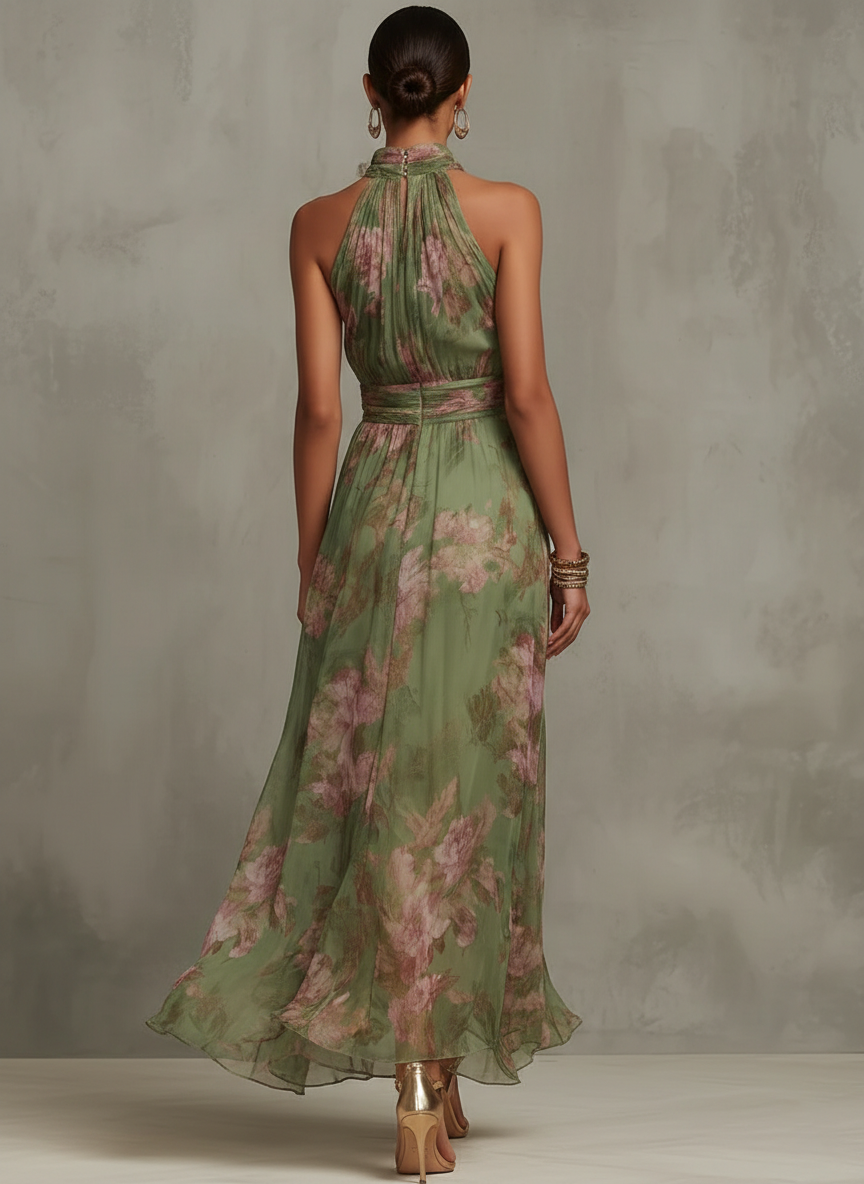 Langes Kleid mit Blumenmuster, Halter-Ausschnitt und drapierter Taille – Sophie