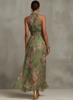 Langes Kleid mit Blumenmuster, Halter-Ausschnitt und drapierter Taille – Sophie
