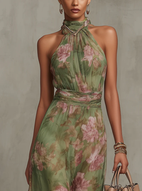 Robe longue à motifs floraux, col licou et taille drapée - Sophie