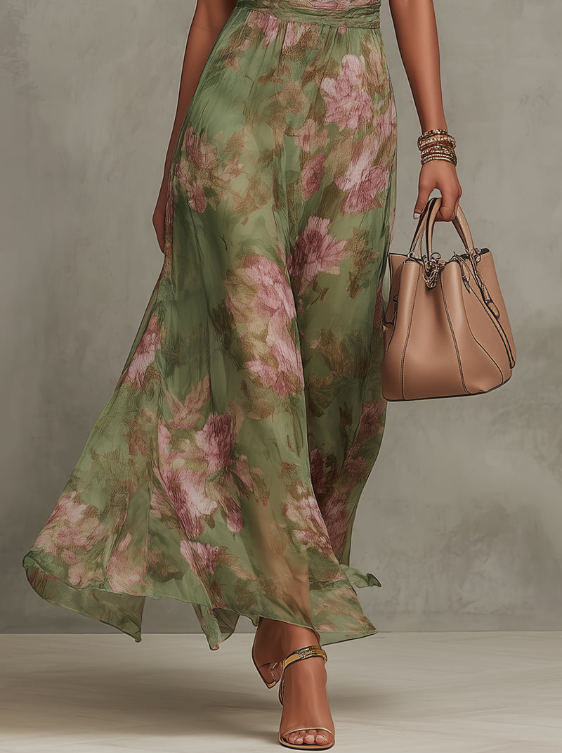 Langes Kleid mit Blumenmuster, Halter-Ausschnitt und drapierter Taille – Sophie