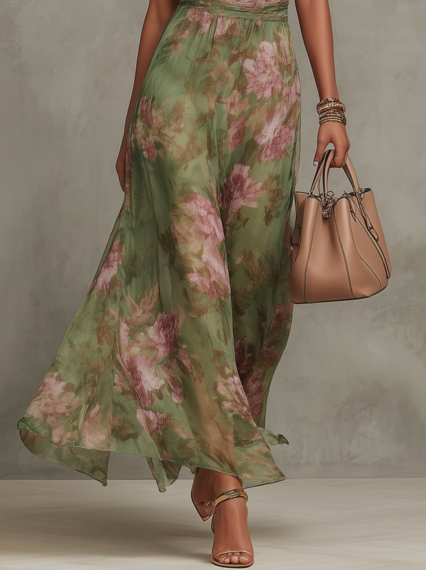 Robe longue à motifs floraux, col licou et taille drapée - Sophie