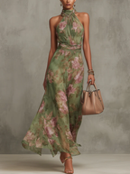 Langes Kleid mit Blumenmuster, Halter-Ausschnitt und drapierter Taille – Sophie