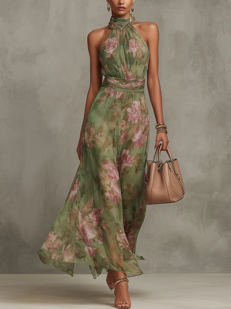 Langes Kleid mit Blumenmuster, Halter-Ausschnitt und drapierter Taille – Sophie