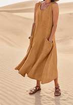 Langes, ärmelloses Damenkleid mit Rundhalsausschnitt und Taschen – Tina