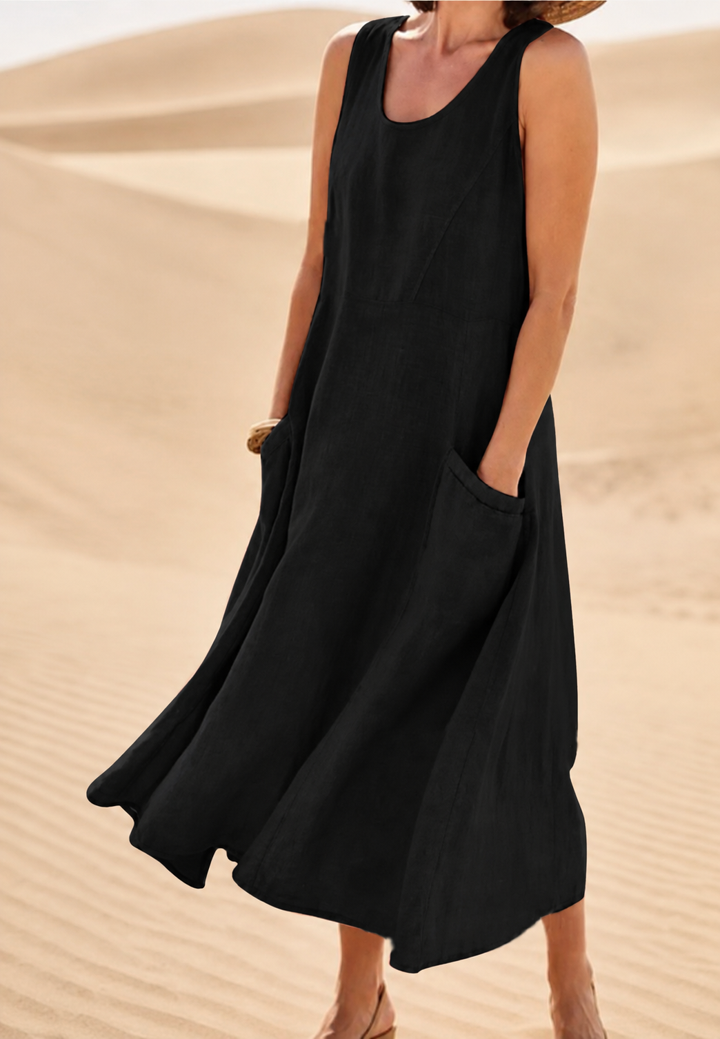 Langes, ärmelloses Damenkleid mit Rundhalsausschnitt und Taschen – Tina