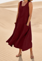 Langes, ärmelloses Damenkleid mit Rundhalsausschnitt und Taschen – Tina