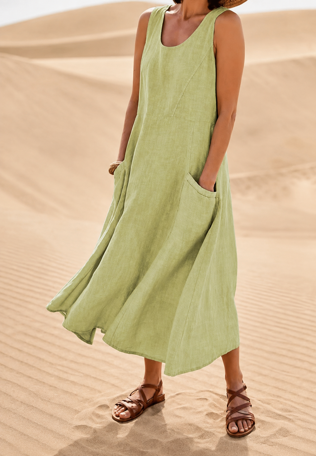 Langes, ärmelloses Damenkleid mit Rundhalsausschnitt und Taschen – Tina