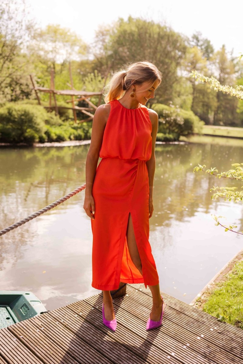 Elegantes, drapiertes Midi-Kleid mit Neckholder-Ausschnitt – Killy