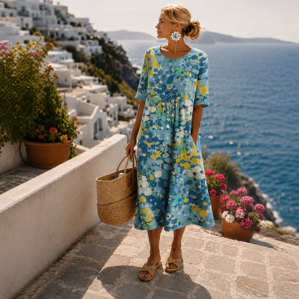 Leichtes Midi-Kleid mit Blumenmuster und kurzen Ärmeln für Damen – Elena