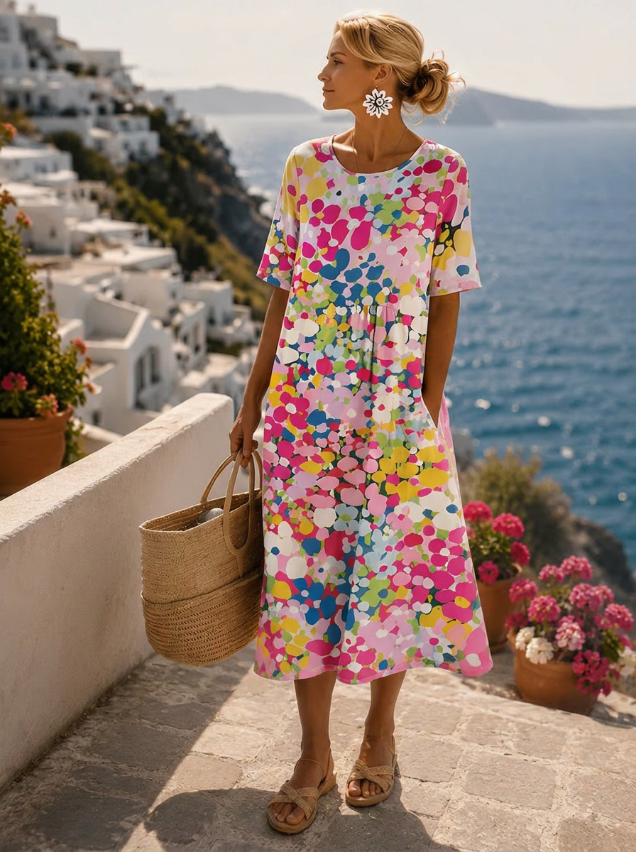 Leichtes Midi-Kleid mit Blumenmuster und kurzen Ärmeln für Damen – Elena