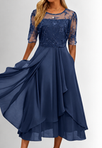 Midi-Kleid für Damen mit Blumen-Spitze und ellbogenlangen Ärmeln – Rhonda