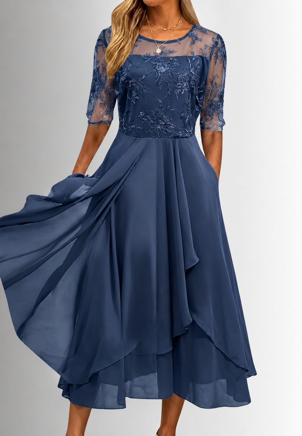 Midi-Kleid für Damen mit Blumen-Spitze und ellbogenlangen Ärmeln – Rhonda