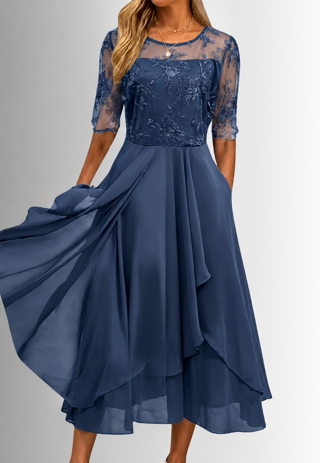 Midi-Kleid für Damen mit Blumen-Spitze und ellbogenlangen Ärmeln – Rhonda