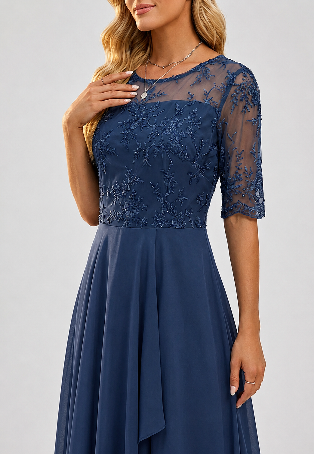 Midi-Kleid für Damen mit Blumen-Spitze und ellbogenlangen Ärmeln – Rhonda