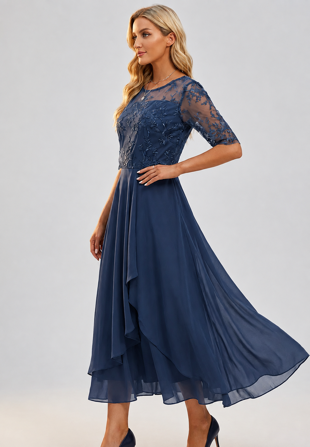 Midi-Kleid für Damen mit Blumen-Spitze und ellbogenlangen Ärmeln – Rhonda