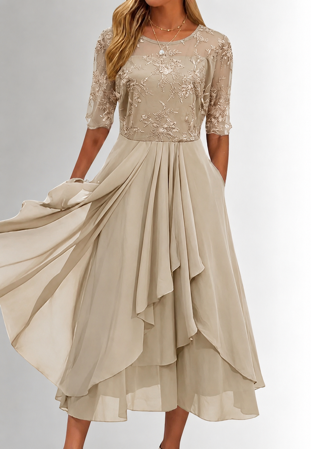 Midi-Kleid für Damen mit Blumen-Spitze und ellbogenlangen Ärmeln – Rhonda