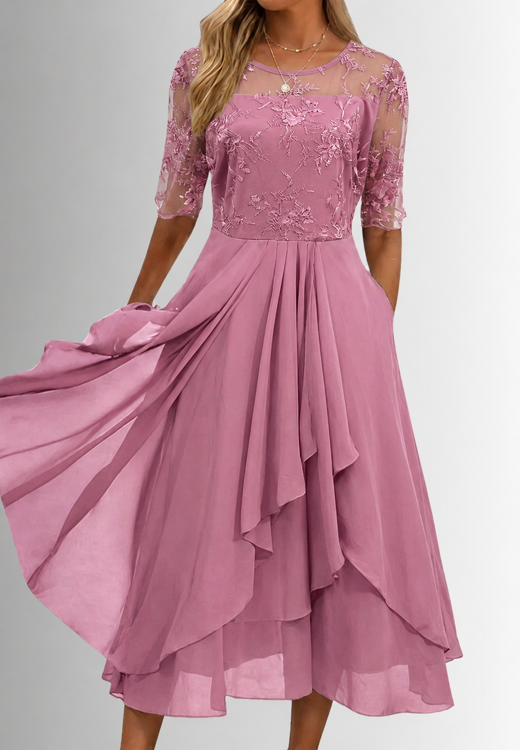 Midi-Kleid für Damen mit Blumen-Spitze und ellbogenlangen Ärmeln – Rhonda