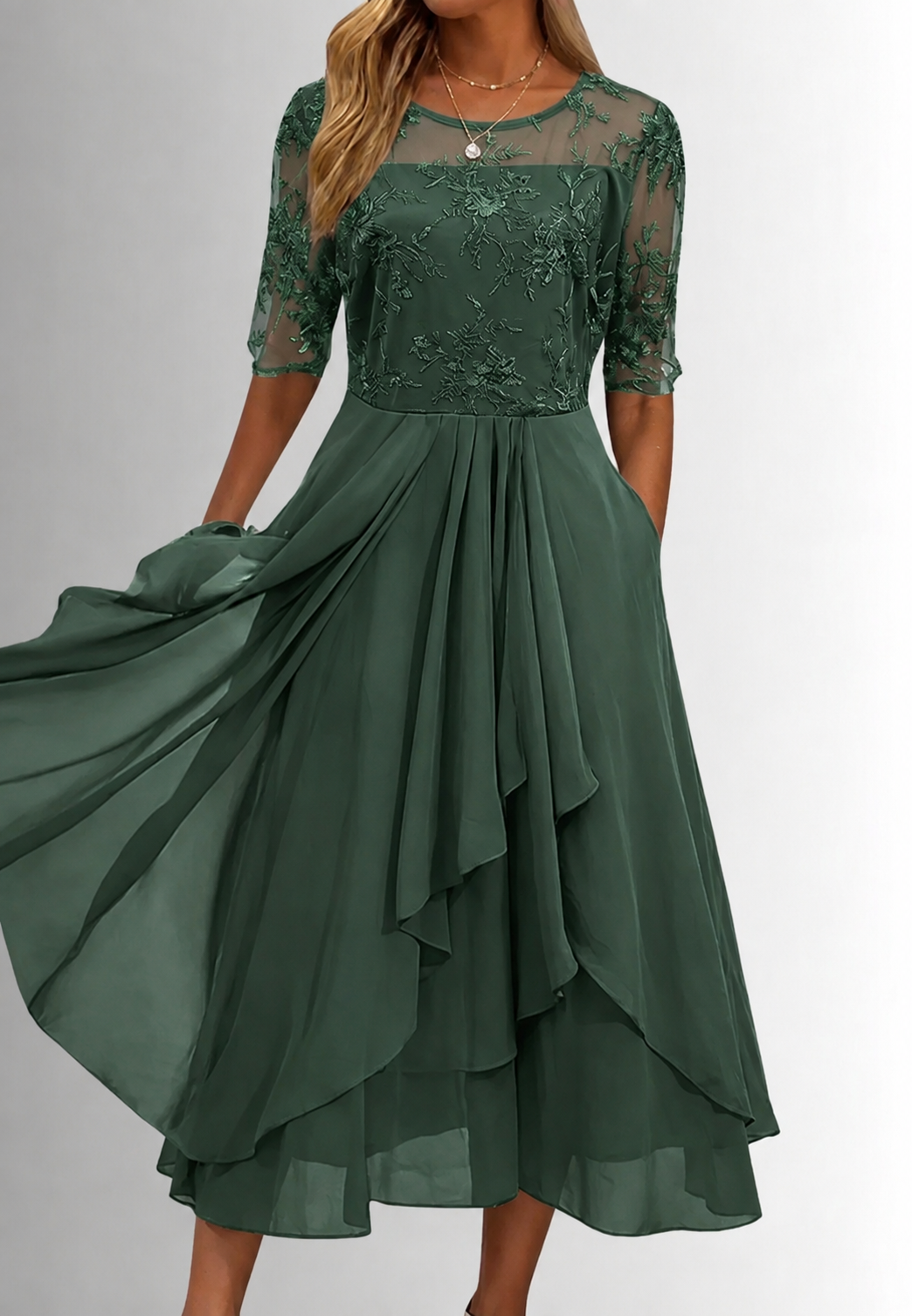 Midi-Kleid für Damen mit Blumen-Spitze und ellbogenlangen Ärmeln – Rhonda