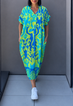 Gemustertes Midi-Kleid für Damen mit V-Ausschnitt – Nia