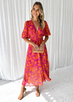 Midi-Kleid für Damen mit Blumenmuster und Puffärmeln – Katy