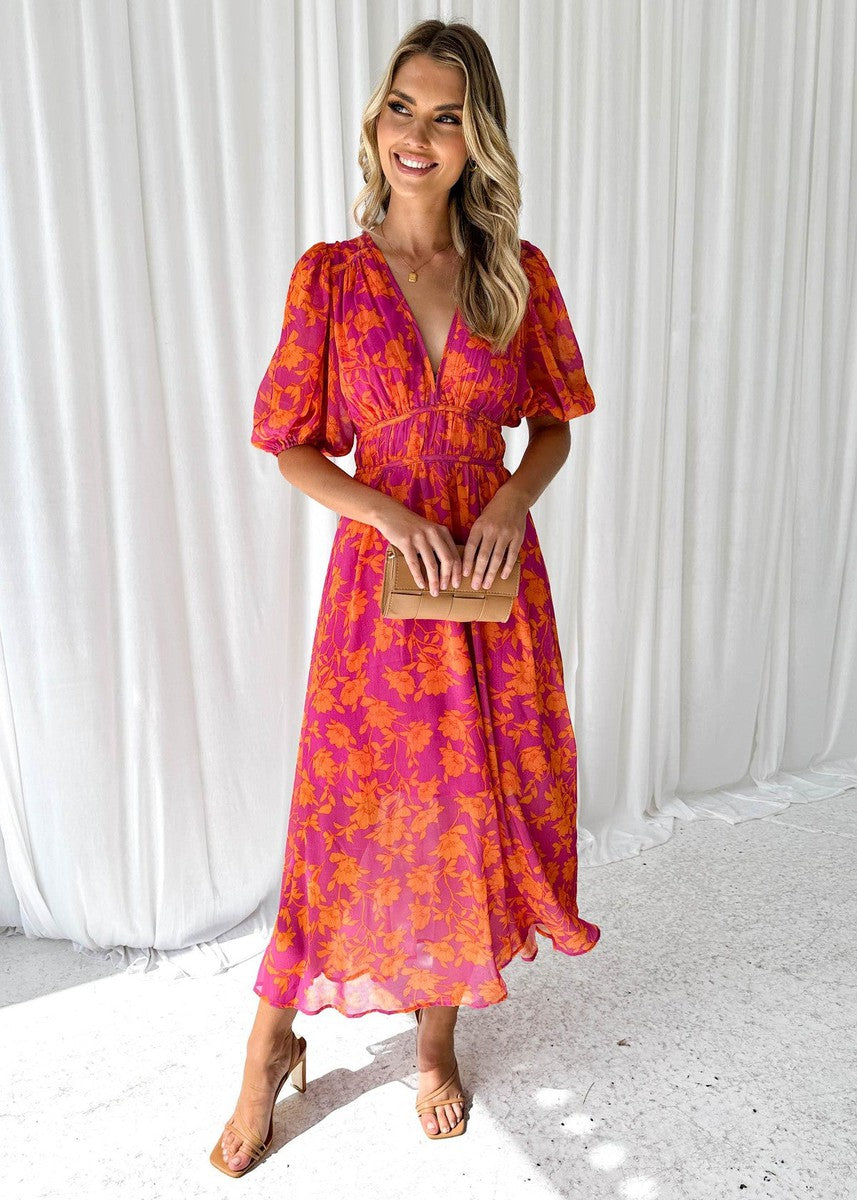 Midi-Kleid für Damen mit Blumenmuster und Puffärmeln – Katy