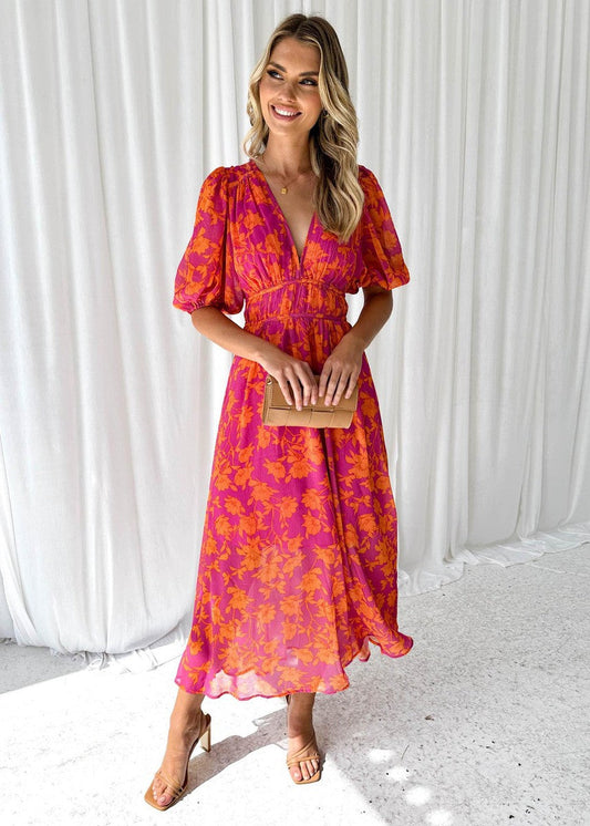 Robe midi pour femme à imprimé floral et manches bouffantes - Katy