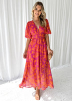 Midi-Kleid für Damen mit Blumenmuster und Puffärmeln – Katy
