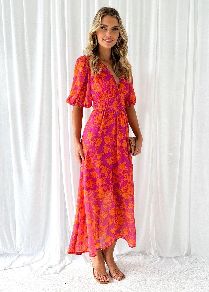 Midi-Kleid für Damen mit Blumenmuster und Puffärmeln – Katy
