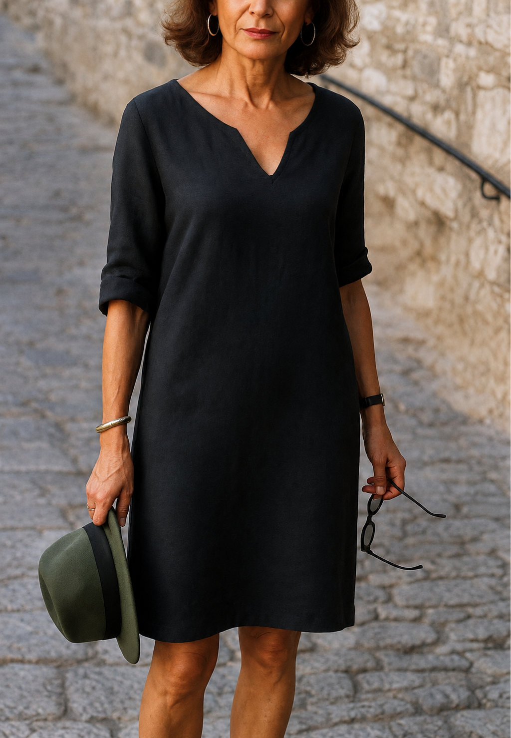 Lässiges Damenkleid mit V-Ausschnitt und 3/4-Ärmeln – Elvy