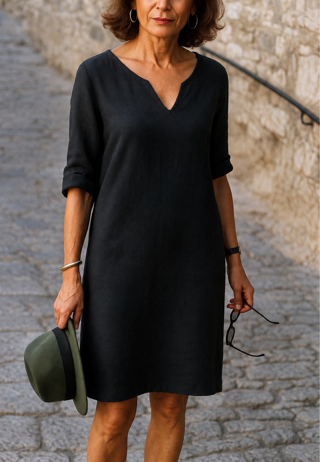 Lässiges Damenkleid mit V-Ausschnitt und 3/4-Ärmeln – Elvy